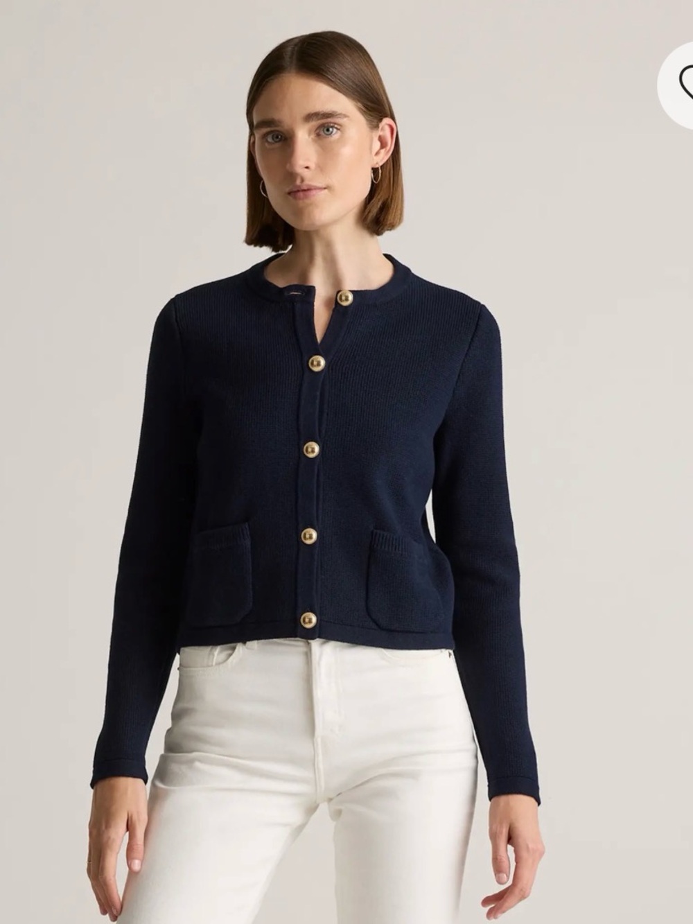 Quince Navy Button-Front Knit Jacket with Gold Buttons